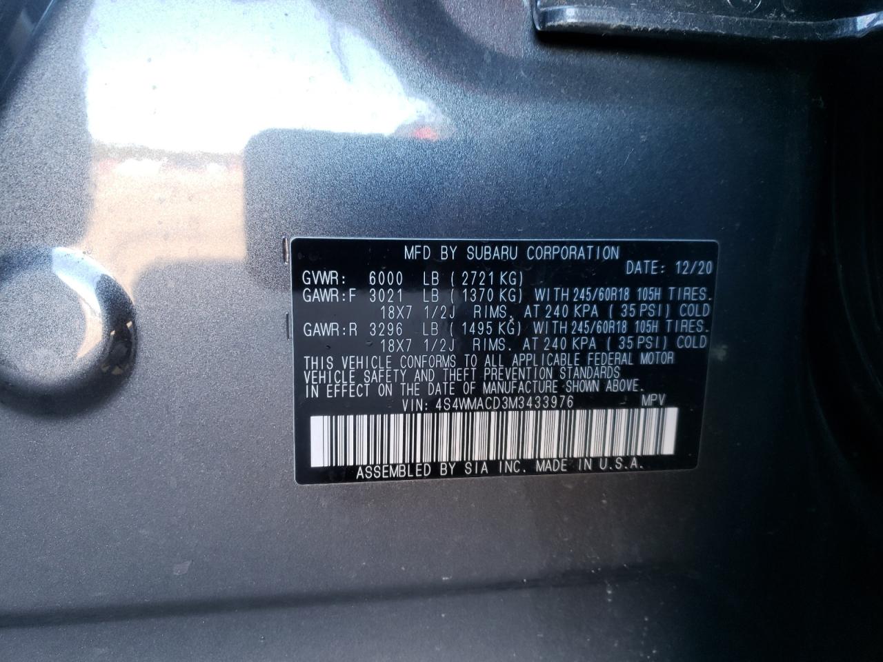 Photo 10 from auction – 2021 SUBARU ASCENT PRE with VIN 4S4WMACD3M3433976