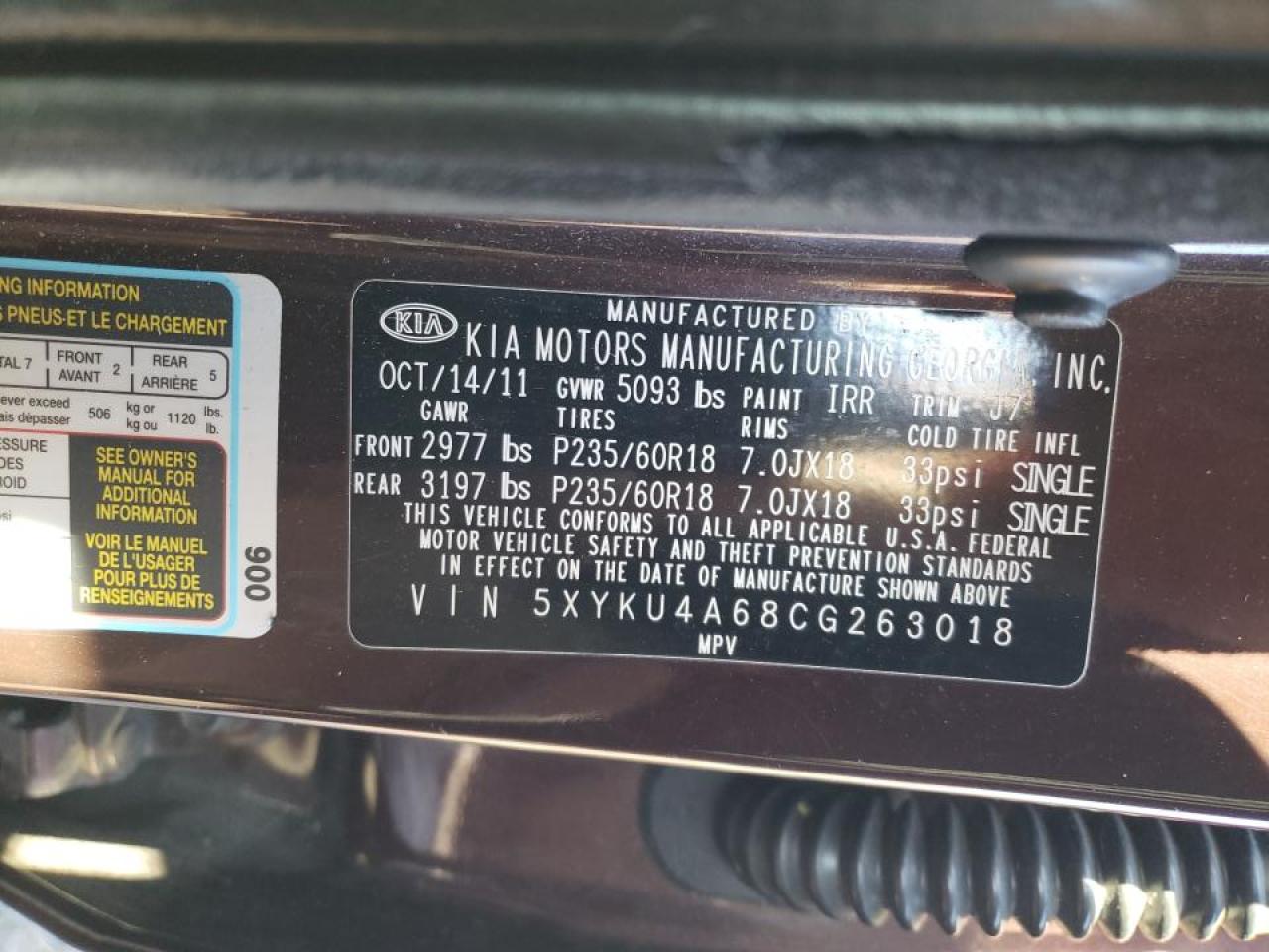 Photo 10 from auction – 2012 KIA SORENTO EX with VIN 5XYKU4A68CG263018