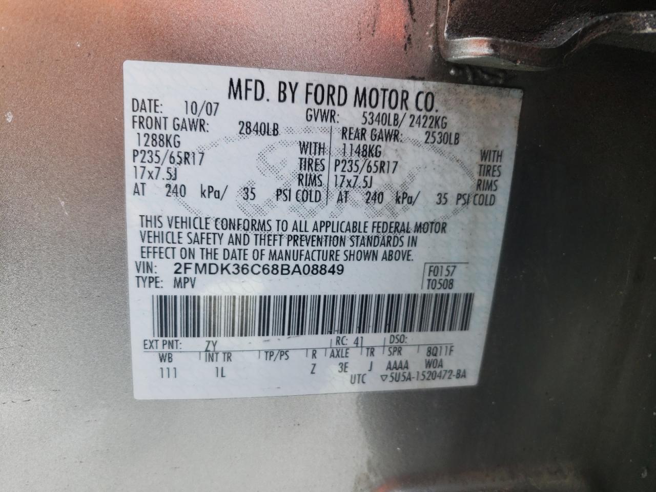 Photo 10 from auction – 2008 FORD EDGE SE with VIN 2FMDK36C68BA08849