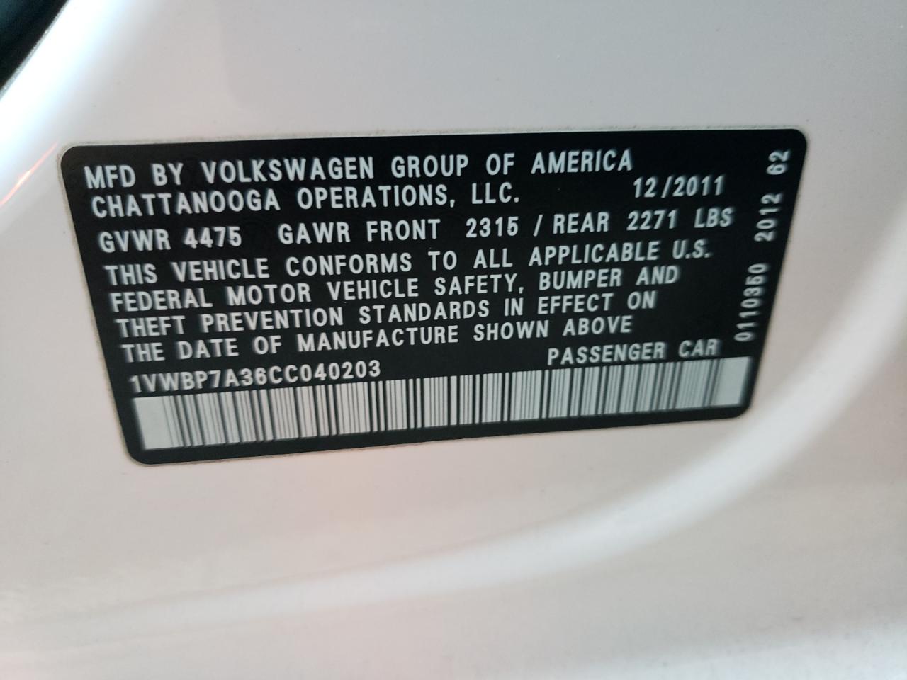 Photo 10 from auction – 2012 VOLKSWAGEN PASSAT SE with VIN 1VWBP7A36CC040203