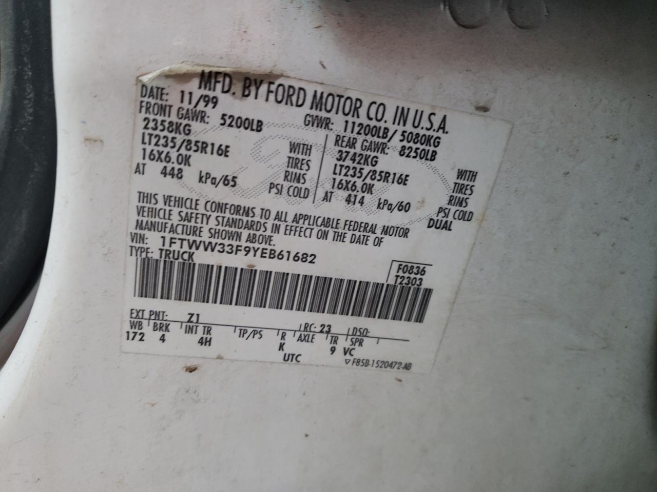 Photo 10 from auction – 2000 FORD F350 SUPER with VIN 1FTWW33F9YEB61682