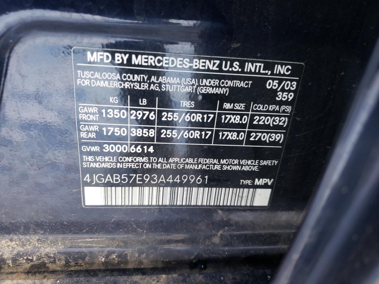 Photo 10 from auction – 2003 MERCEDES-BENZ ML-CLASS with VIN 4JGAB57E93A449961