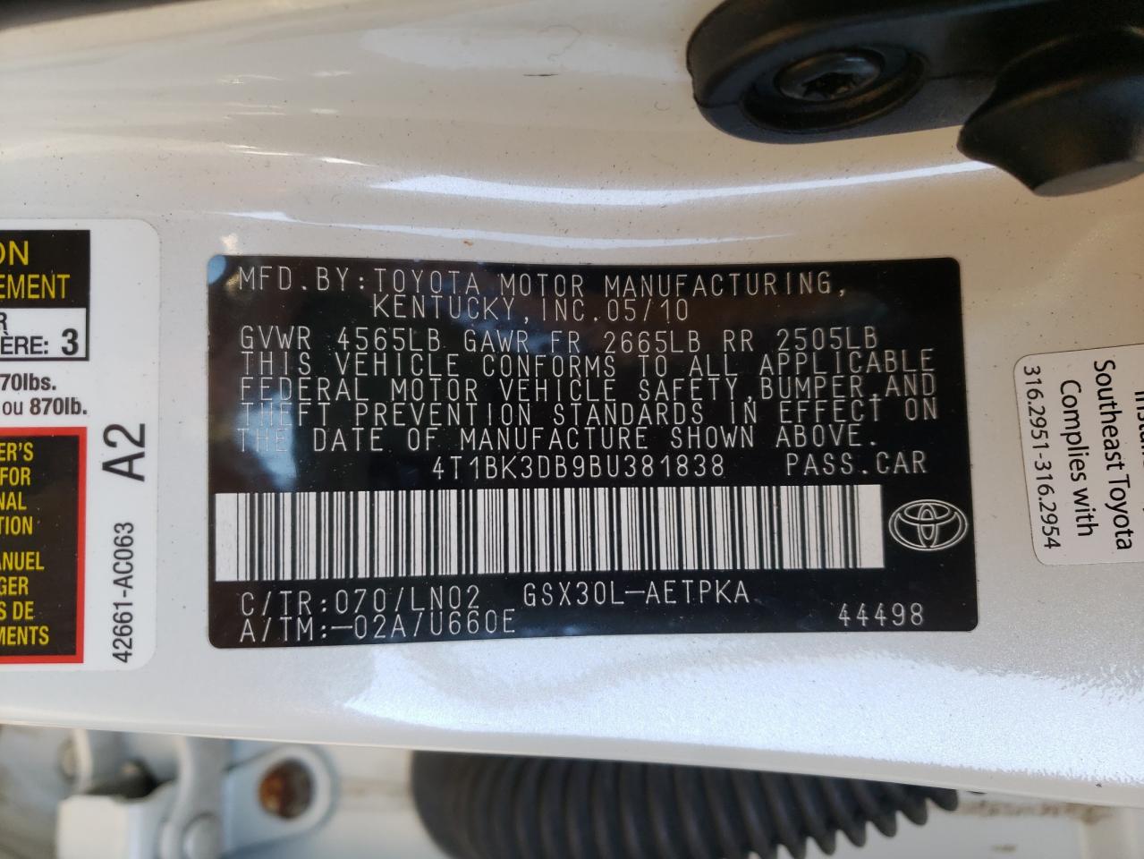 صورة رقم 10 من المزاد - 2011 TOYOTA AVALON BAS مع VIN 4T1BK3DB9BU381838