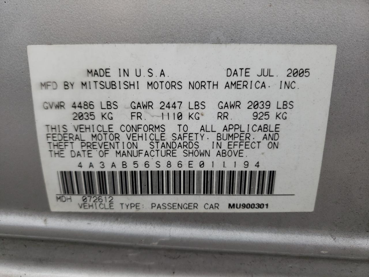 Photo 10 from auction – 2006 MITSUBISHI GALANT LS with VIN 4A3AB56S86E011194