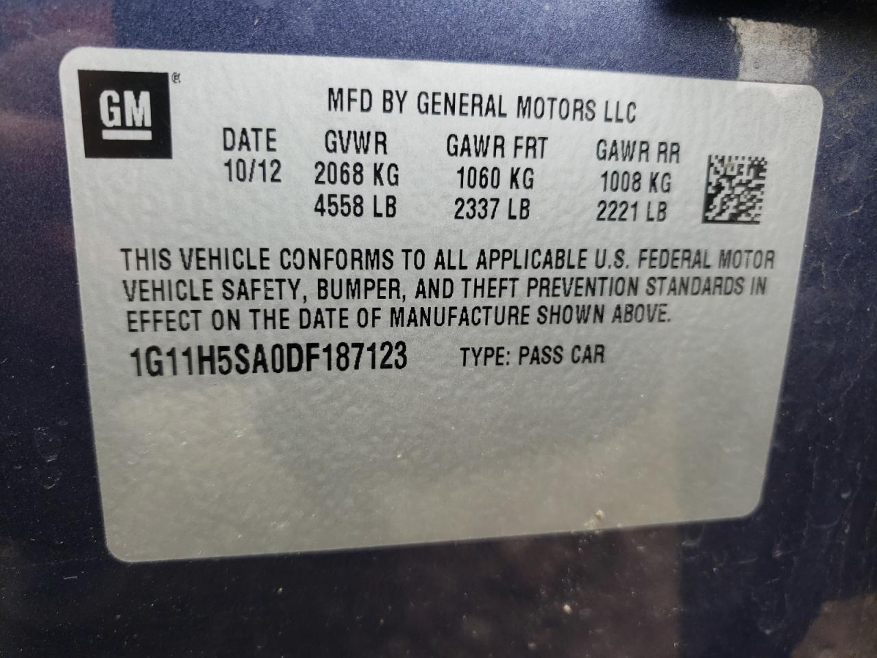 Photo 10 from auction – 2013 CHEVROLET MALIBU with VIN 1G11H5SA0DF187123