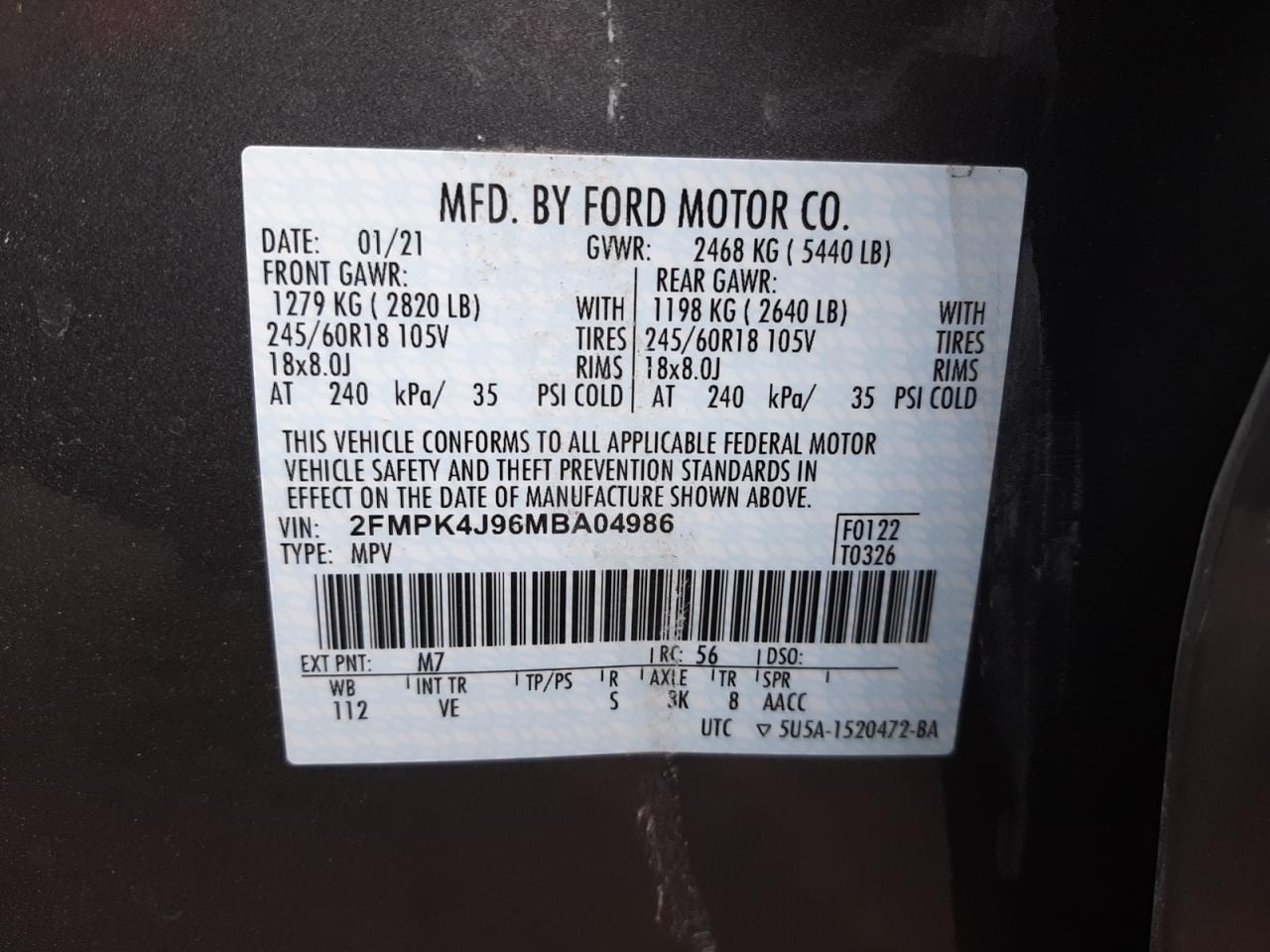 Photo 10 from auction – 2021 FORD EDGE SEL with VIN 2FMPK4J96MBA04986