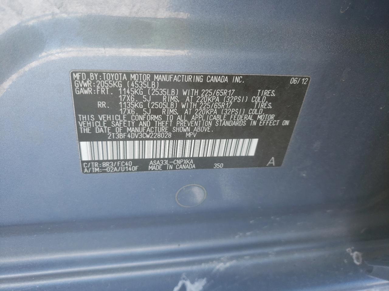 Photo 10 from auction – 2012 TOYOTA RAV4 with VIN 2T3BF4DV3CW228028