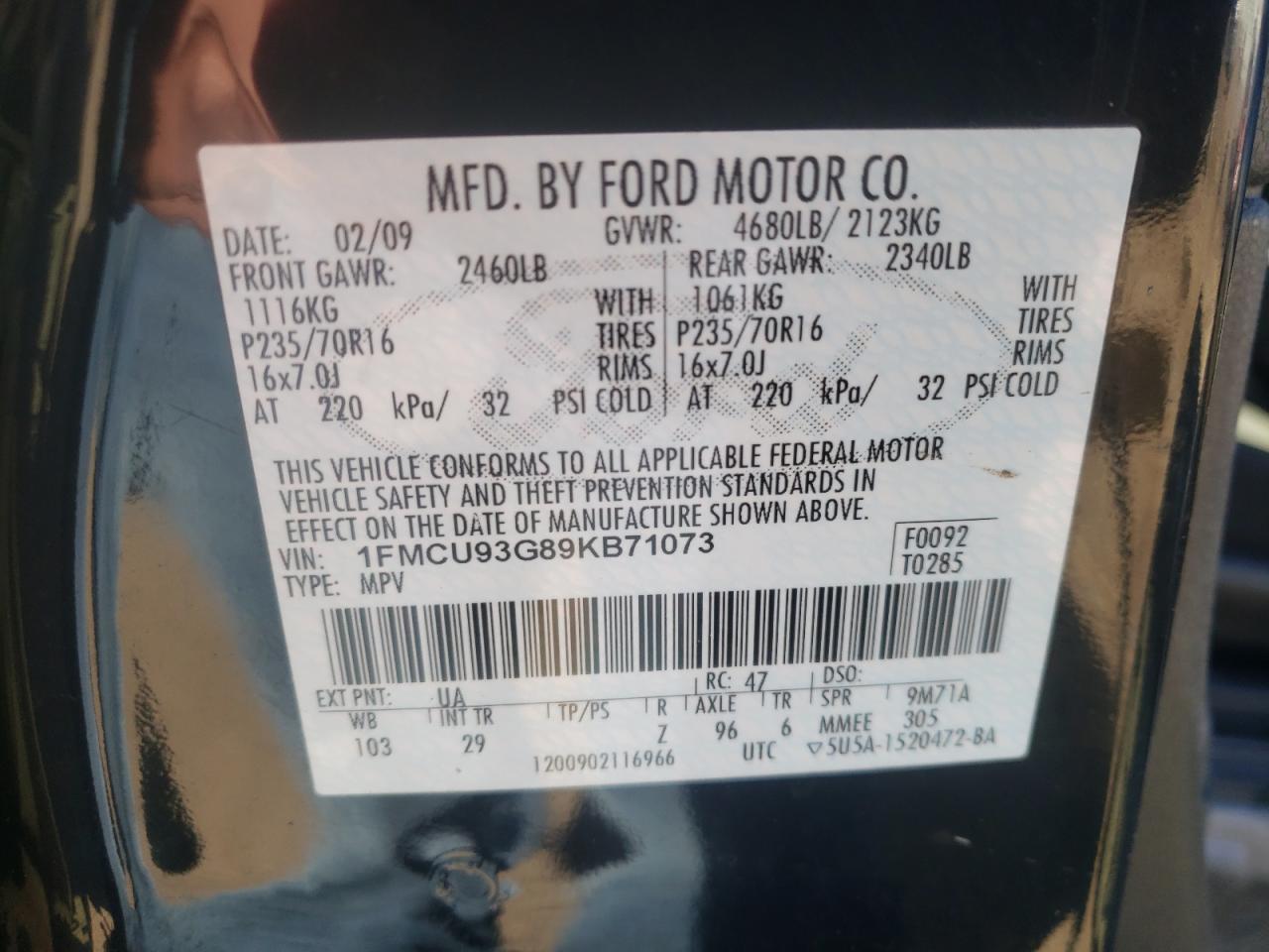 Photo 10 from auction – 2009 FORD ESCAPE XLT with VIN 1FMCU93G89KB71073
