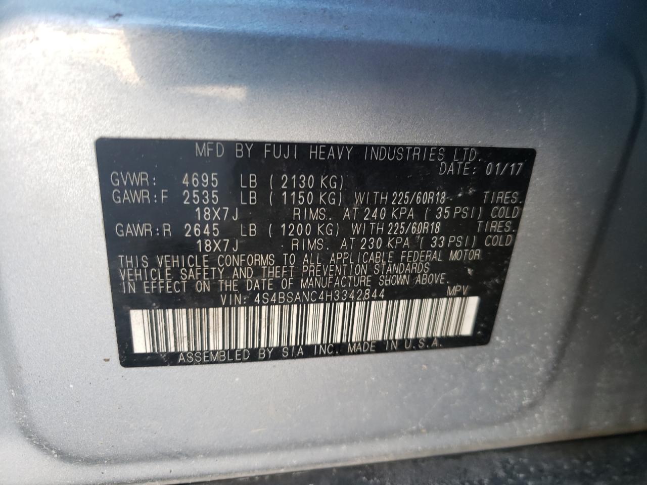 Photo 10 from auction – 2017 SUBARU OUTBACK 2. with VIN 4S4BSANC4H3342844