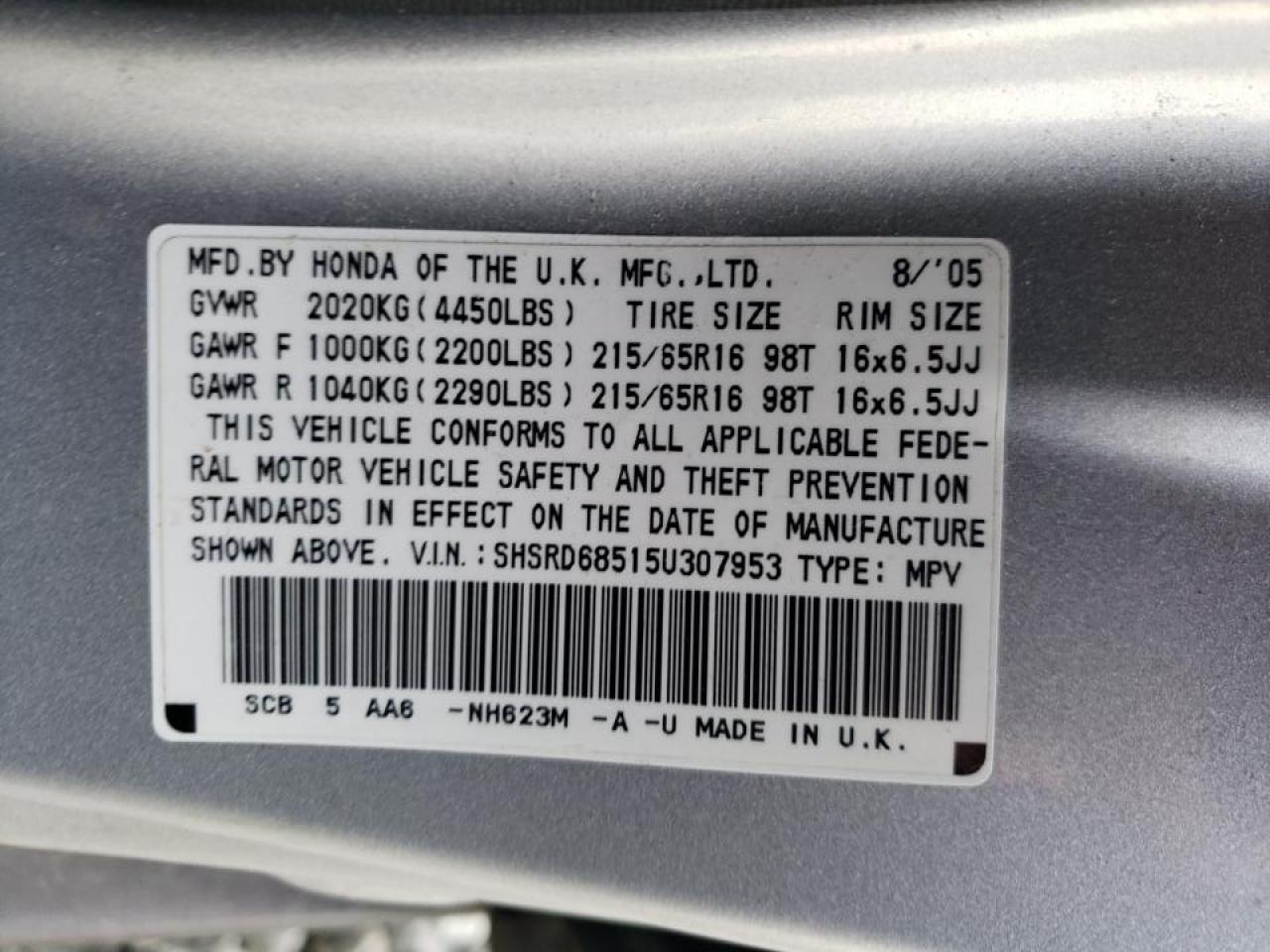 Photo 10 from auction – 2005 HONDA CR-V LX with VIN SHSRD68515U307953