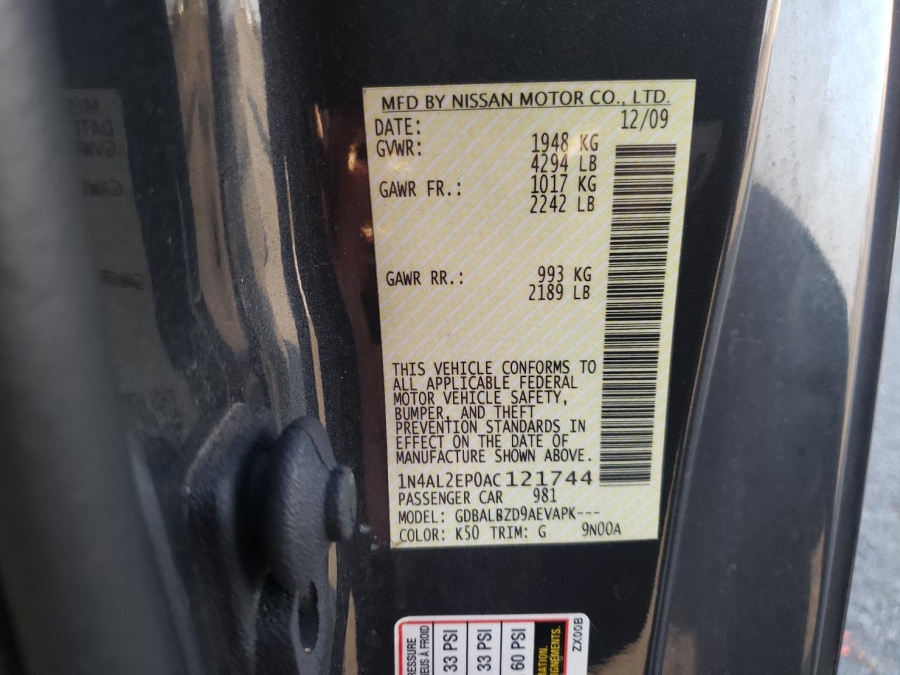 Photo 10 from auction – 2010 NISSAN ALTIMA S with VIN 1N4AL2EP0AC121744