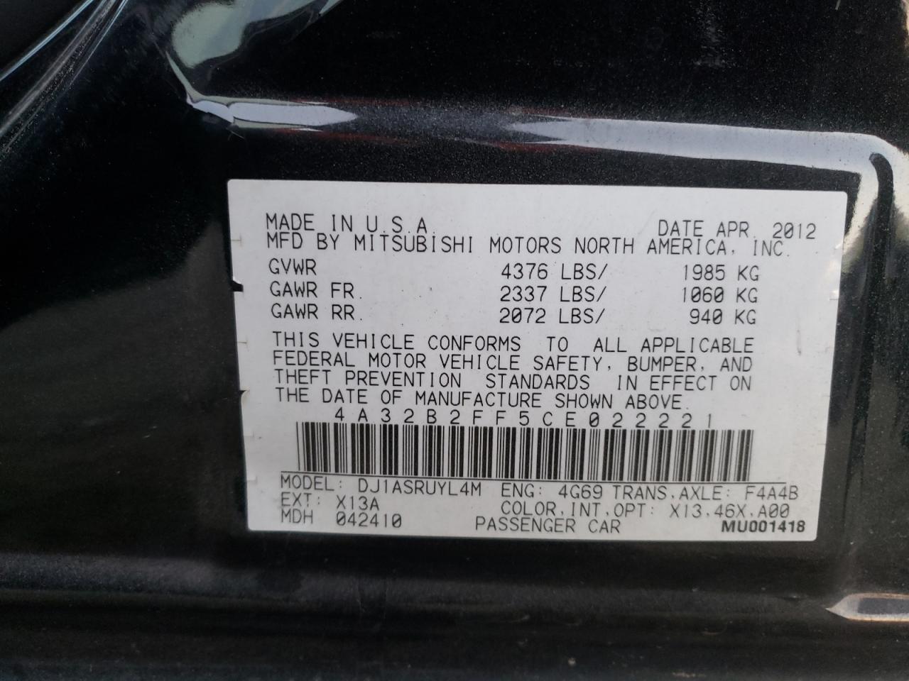Photo 10 from auction – 2012 MITSUBISHI GALANT FE with VIN 4A32B2FF5CE022221