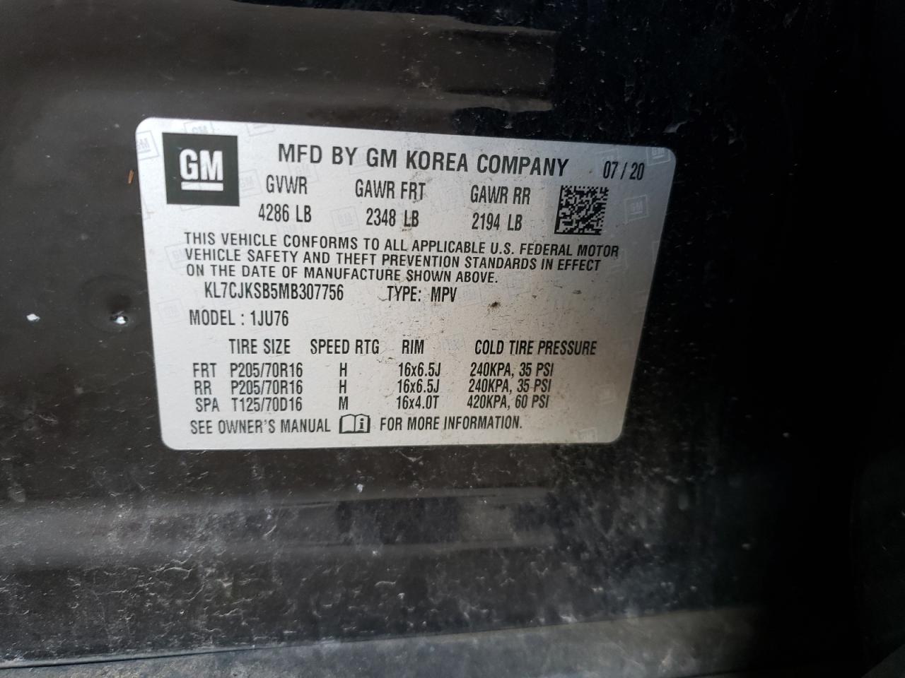 Photo 10 from auction – 2021 CHEVROLET TRAX LS with VIN KL7CJKSB5MB307756