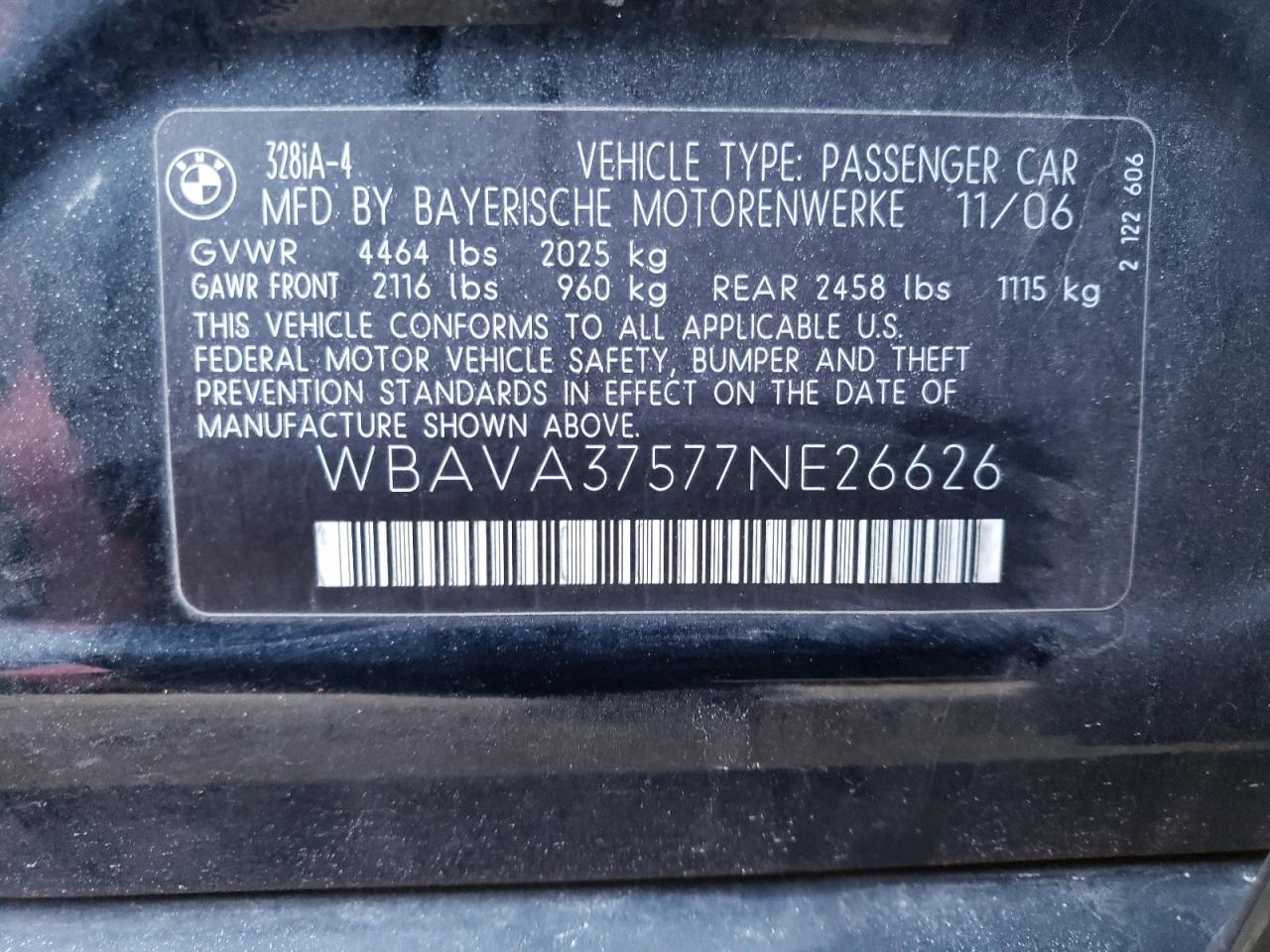 Photo 10 from auction – 2007 BMW 328I with VIN WBAVA37577NE26626