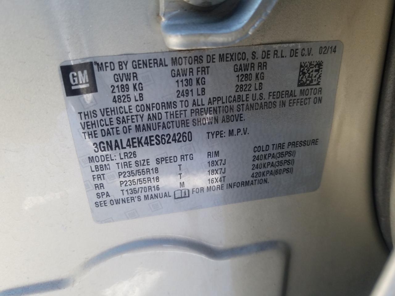 Photo 10 from auction – 2014 CHEVROLET CAPTIVA LT with VIN 3GNAL4EK4ES624260