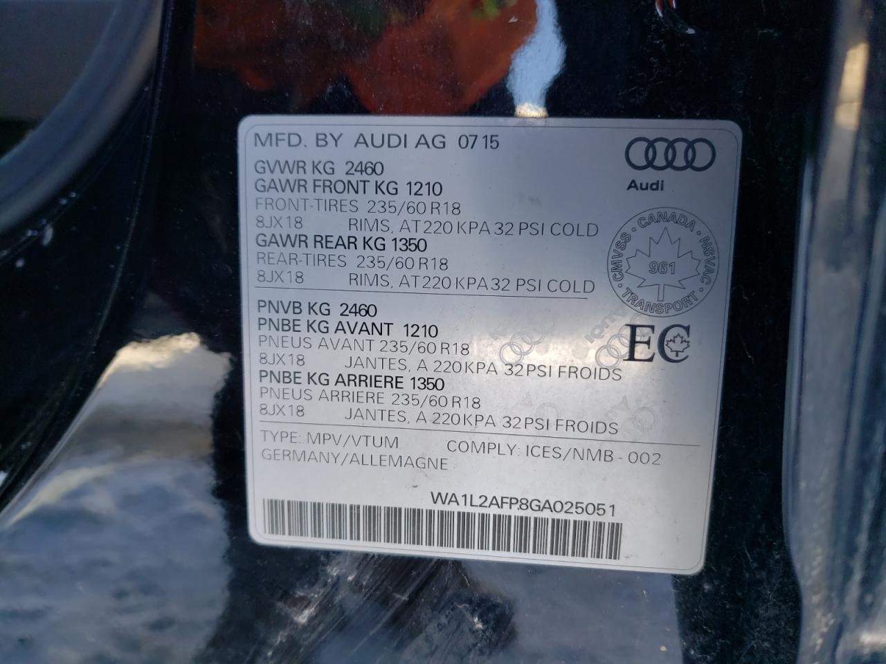 Photo 10 from auction – 2016 AUDI Q5 PREMIUM with VIN WA1L2AFP8GA025051