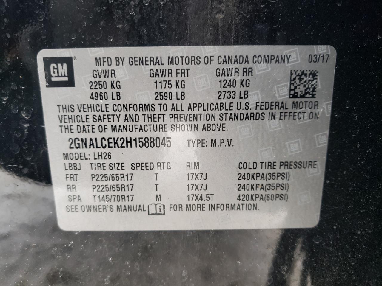 Photo 10 from auction – 2017 CHEVROLET EQUINOX LT with VIN 2GNALCEK2H1588045