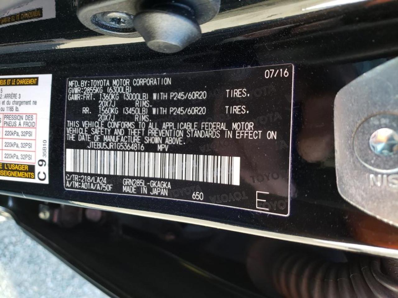 Photo 10 from auction – 2016 TOYOTA 4RUNNER SR with VIN JTEBU5JR1G5364816