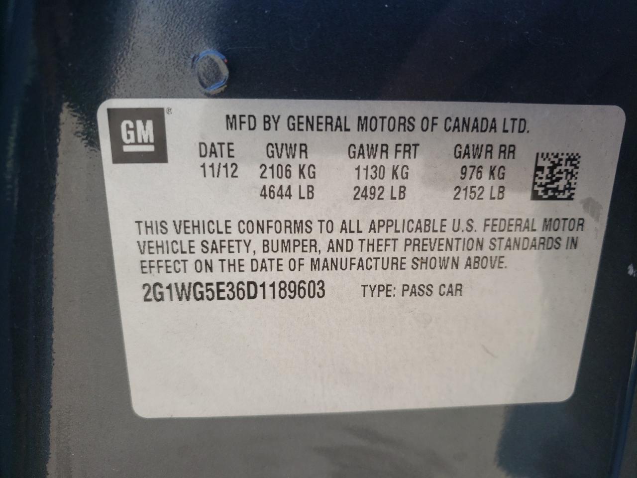 Photo 10 from auction – 2013 CHEVROLET IMPALA LT with VIN 2G1WG5E36D1189603