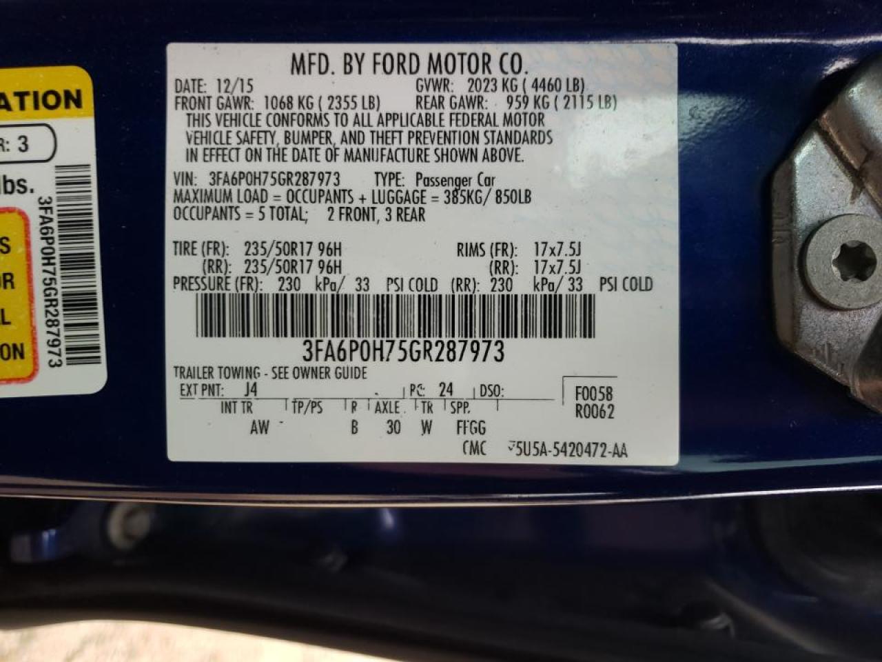 Photo 10 from auction – 2016 FORD FUSION SE with VIN 3FA6P0H75GR287973