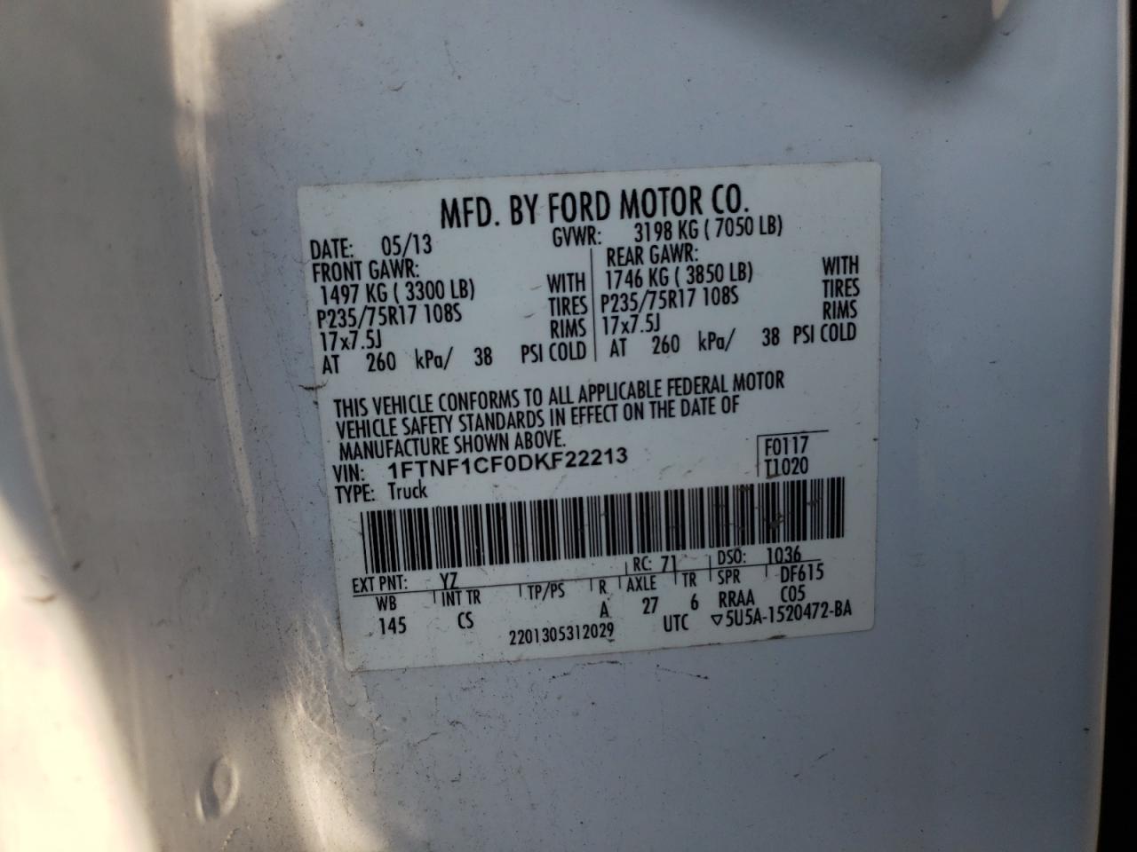 Photo 10 from auction – 2013 FORD F150 with VIN 1FTNF1CF0DKF22213