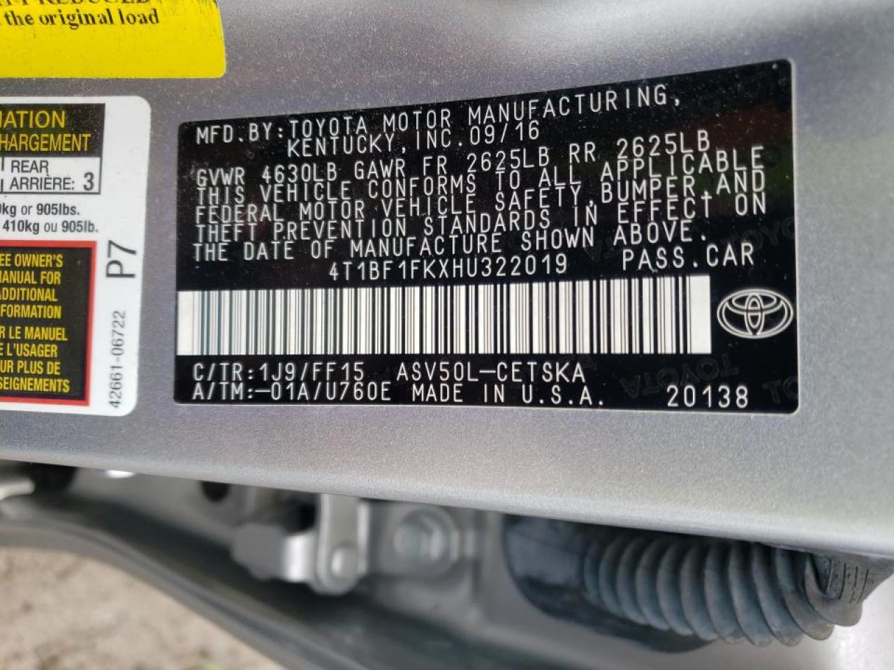 Photo 10 from auction – 2017 TOYOTA CAMRY LE with VIN 4T1BF1FKXHU322019
