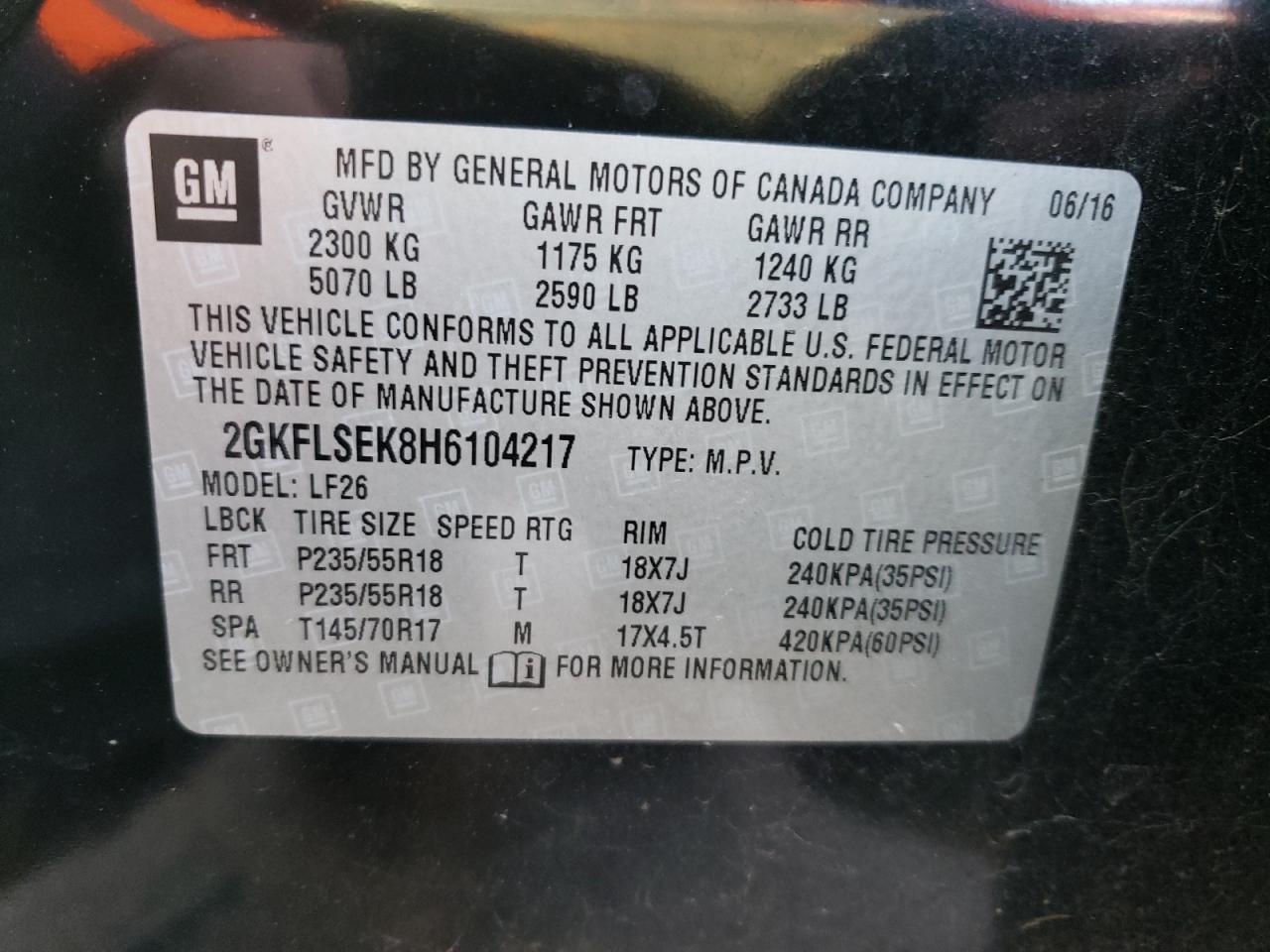 Photo 10 from auction – 2017 GMC TERRAIN SL with VIN 2GKFLSEK8H6104217