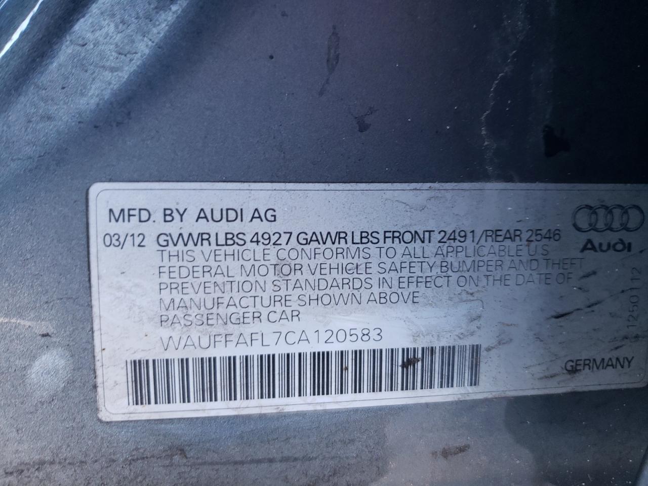 Photo 10 from auction – 2012 AUDI A4 PREMIUM with VIN WAUFFAFL7CA120583