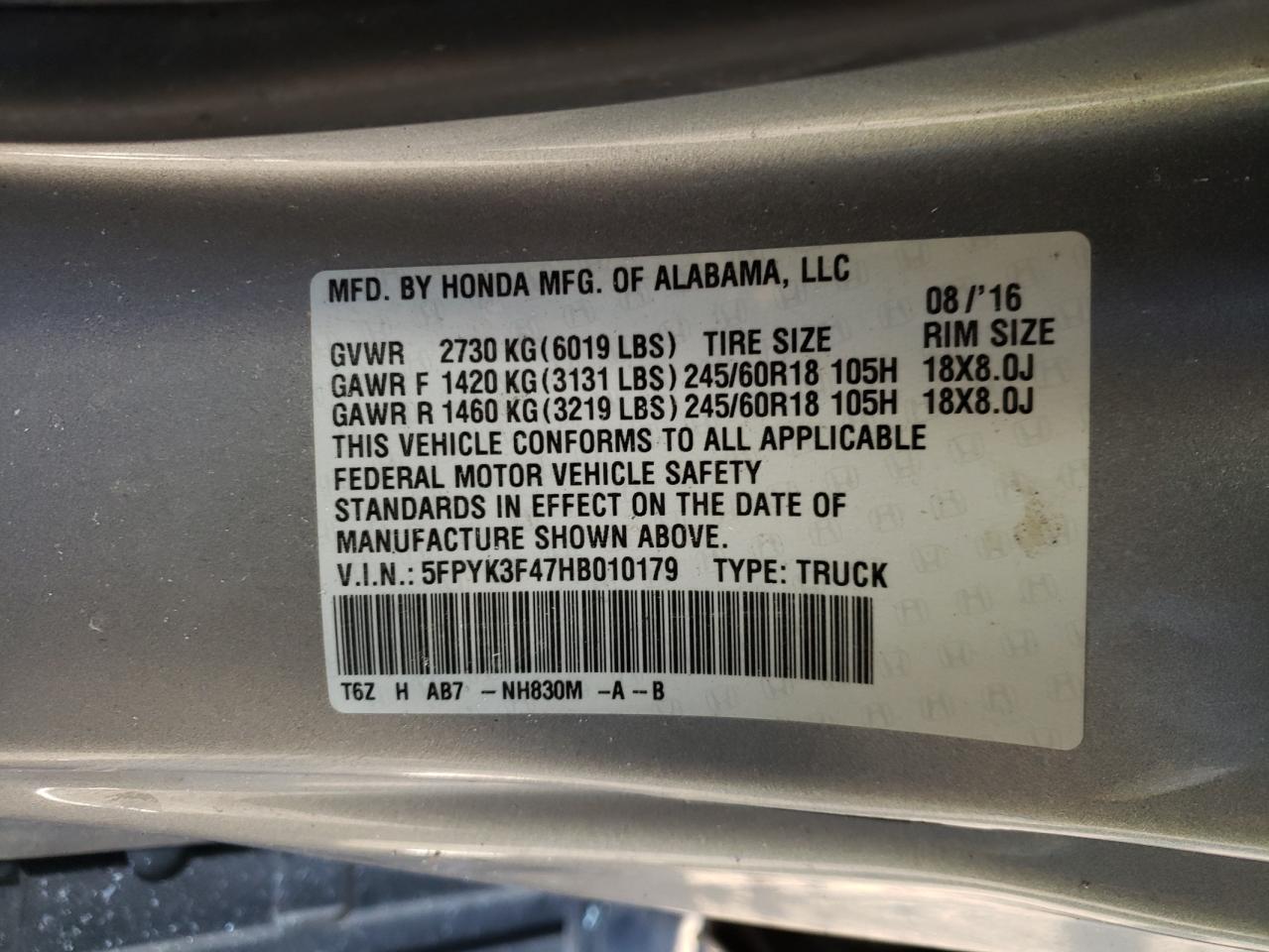 Photo 10 from auction – 2017 HONDA RIDGELINE with VIN 5FPYK3F47HB010179