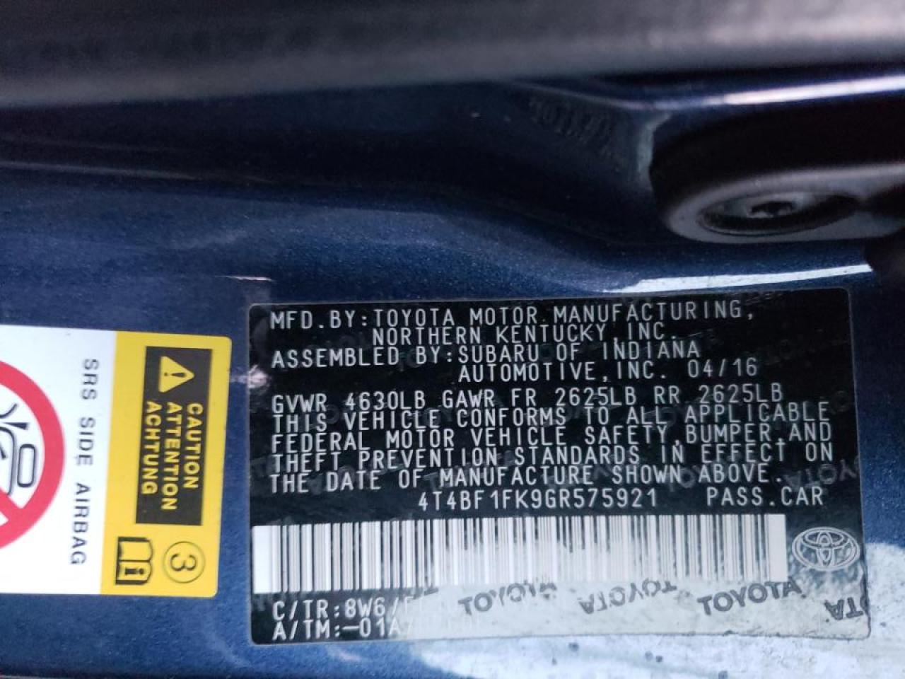 Photo 10 from auction – 2016 TOYOTA CAMRY LE with VIN 4T4BF1FK9GR575921