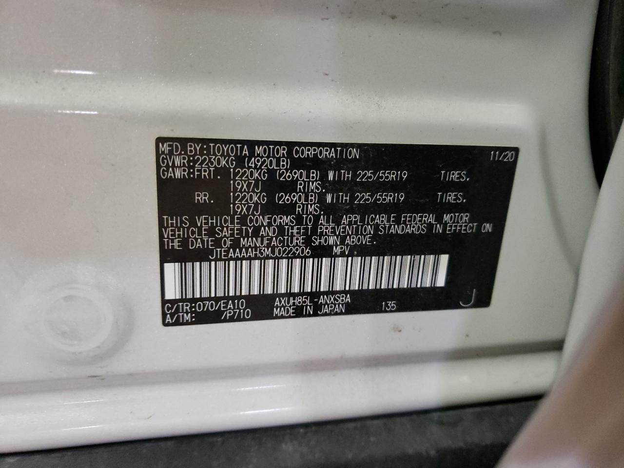 Photo 10 from auction – 2021 TOYOTA VENZA LE A with VIN JTEAAAAH3MJ022906