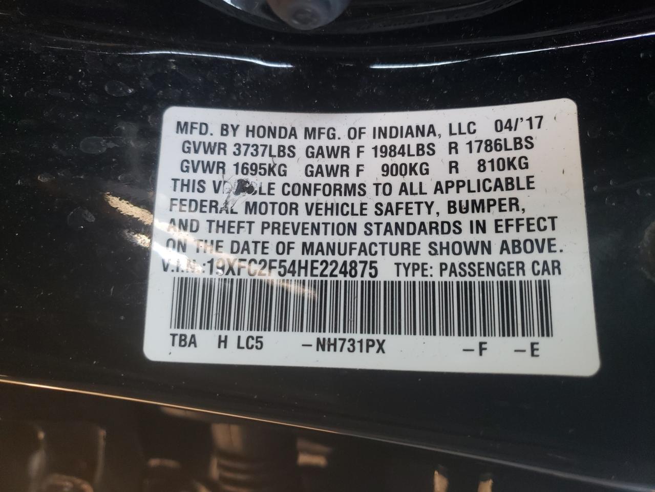 Photo 10 from auction – 2017 HONDA CIVIC LX with VIN 19XFC2F54HE224875