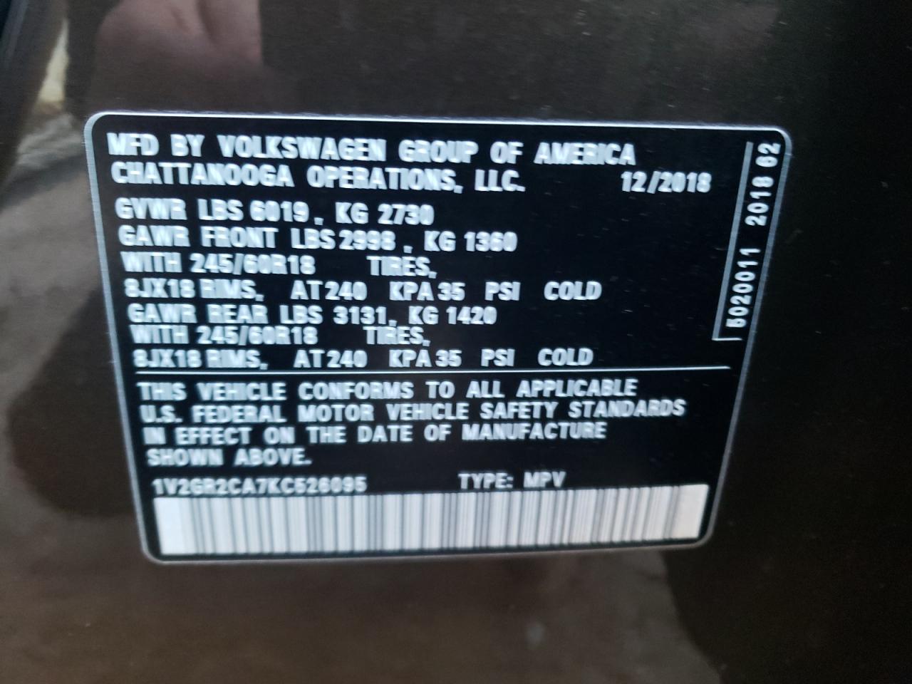 Photo 10 from auction – 2019 VOLKSWAGEN ATLAS S with VIN 1V2GR2CA7KC526095