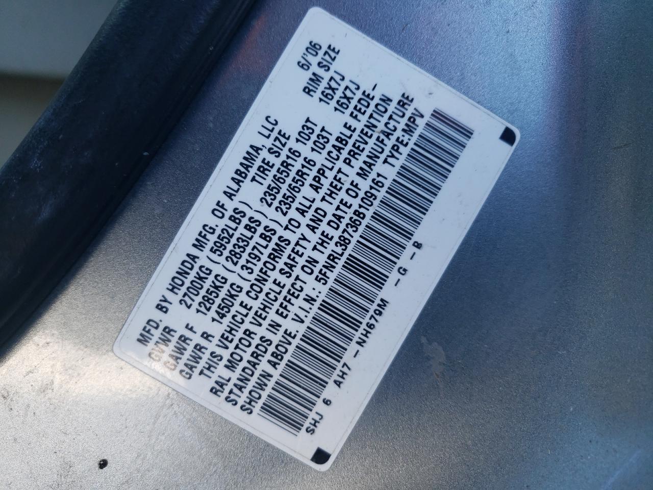 Photo 10 from auction – 2006 HONDA ODYSSEY EX with VIN 5FNRL38736B109161