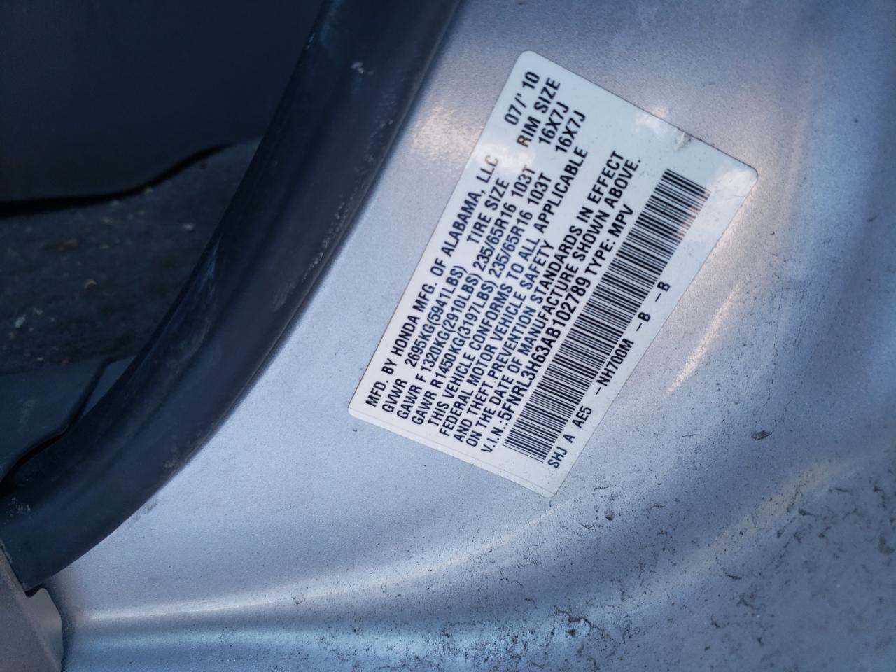 Photo 10 from auction – 2010 HONDA ODYSSEY EX with VIN 5FNRL3H63AB102789
