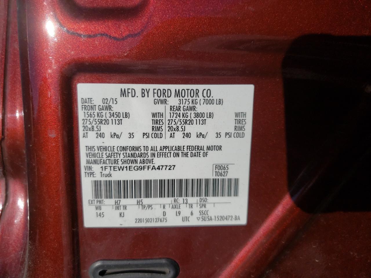 Photo 10 from auction – 2015 FORD F150 SUPER with VIN 1FTEW1EG9FFA47727