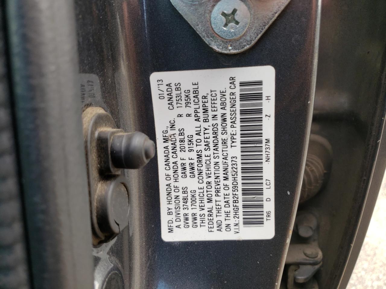 Photo 10 from auction – 2013 HONDA CIVIC LX with VIN 2HGFB2F59DH522373