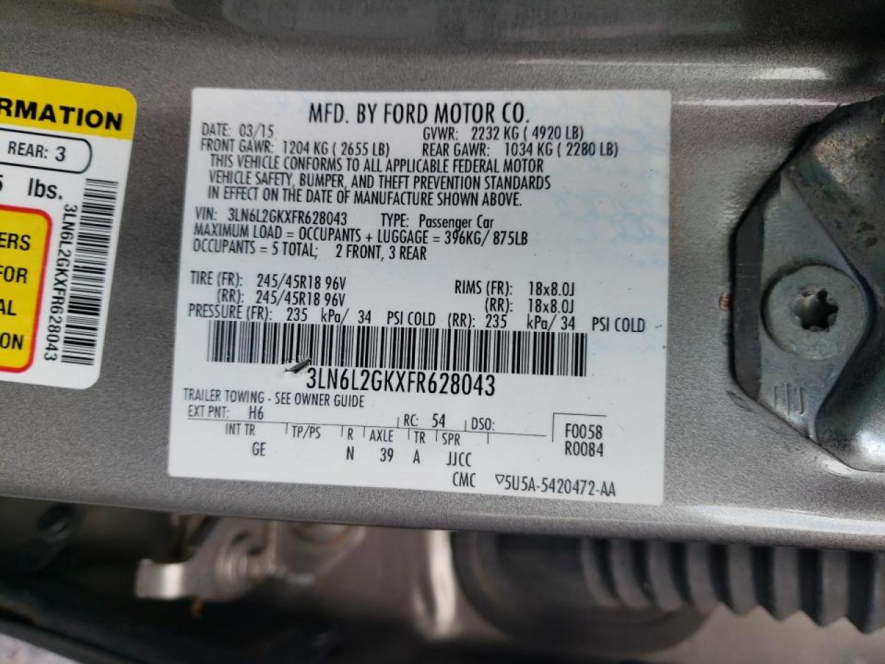 Photo 10 from auction – 2015 LINCOLN MKZ with VIN 3LN6L2GKXFR628043