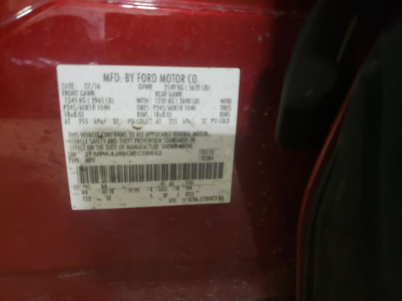 Photo 10 from auction – 2016 FORD EDGE SEL with VIN 2FMPK4J89GBC09892