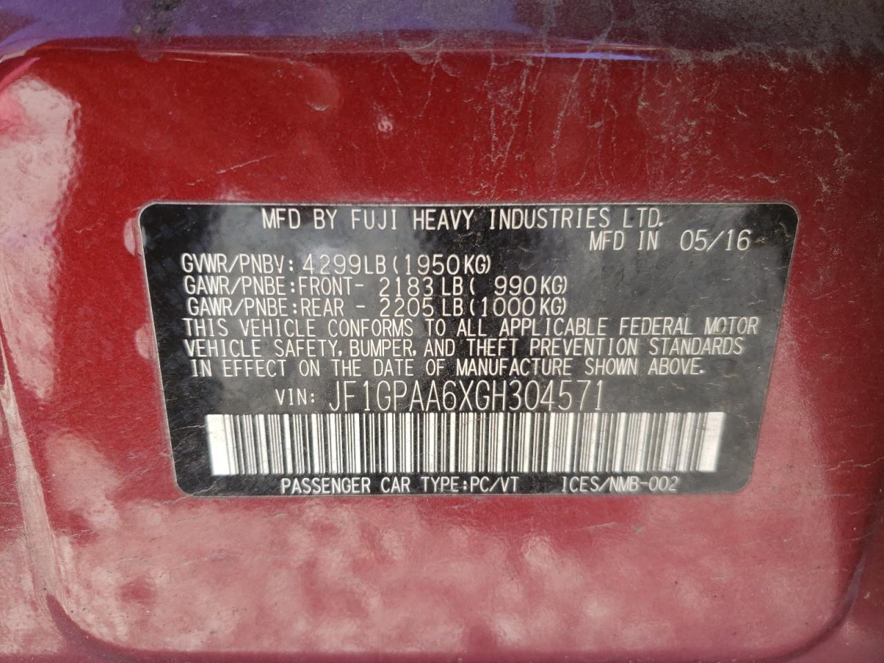 Photo 10 from auction – 2016 SUBARU IMPREZA with VIN JF1GPAA6XGH304571