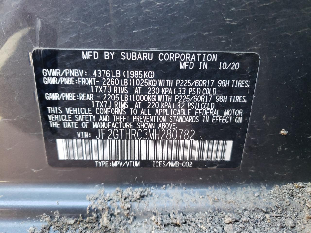 Photo 10 from auction – 2021 SUBARU CROSSTREK with VIN JF2GTHRC3MH280782
