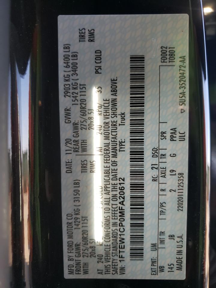 Photo 10 from auction – 2021 FORD F150 SUPER with VIN 1FTEW1CP0MFA20612