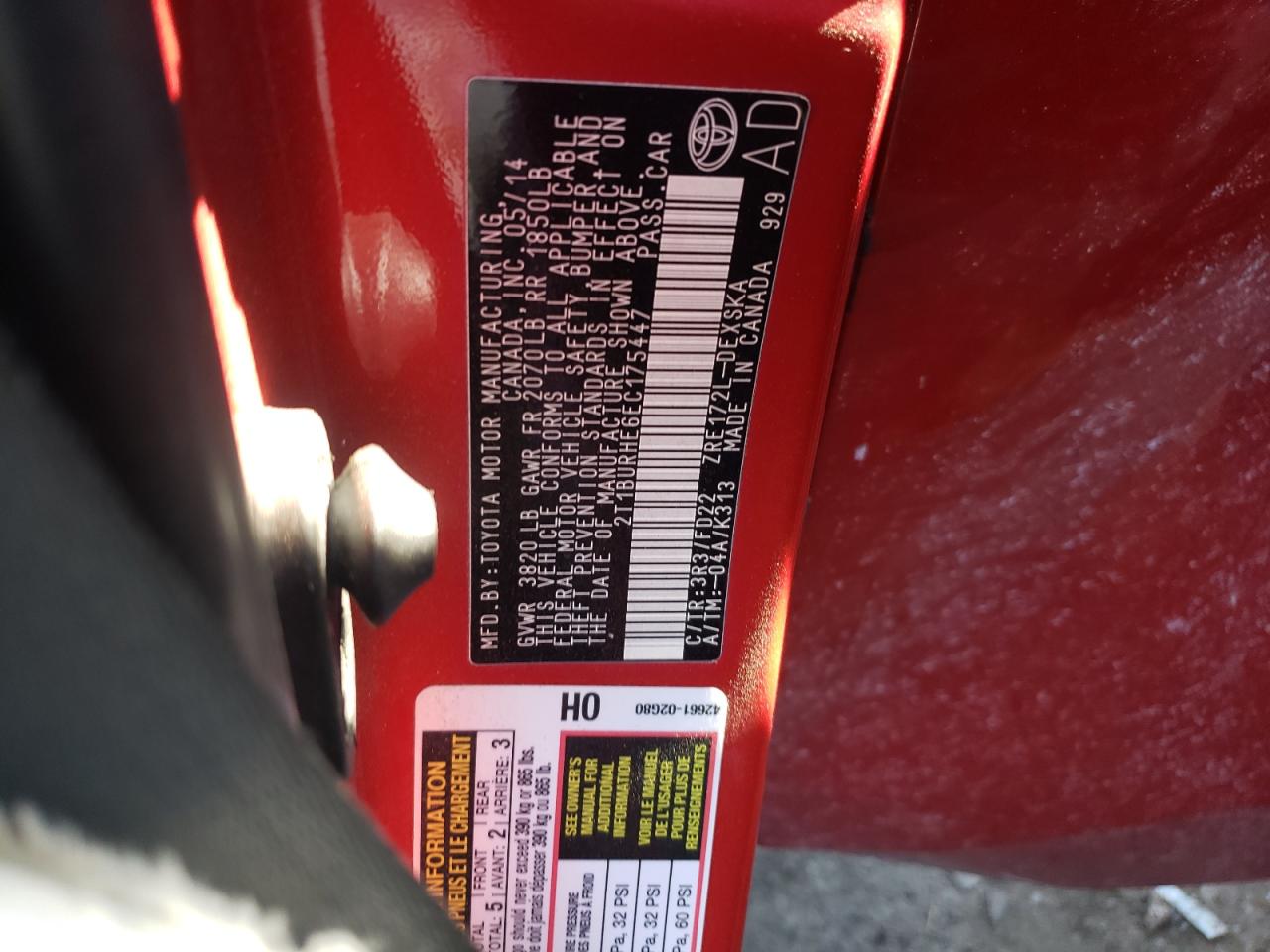 Photo 10 from auction – 2014 TOYOTA COROLLA L with VIN 2T1BURHE6EC175447