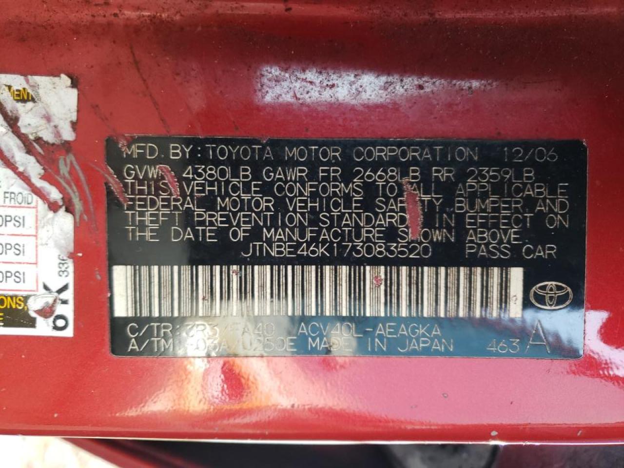 Photo 10 from auction – 2007 TOYOTA CAMRY CE with VIN JTNBE46K173083520
