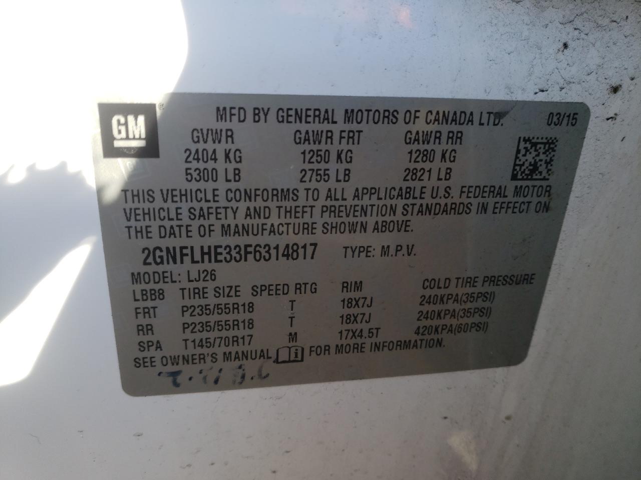 Photo 10 from auction – 2015 CHEVROLET EQUINOX LT with VIN 2GNFLHE33F6314817