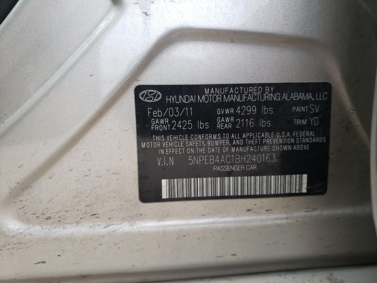 Photo 10 from auction – 2011 HYUNDAI SONATA GLS with VIN 5NPEB4AC1BH240163