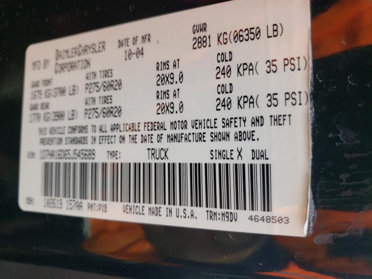 Photo 10 from auction – 2005 DODGE RAM 1500 S with VIN 1D7HA16D65J545689