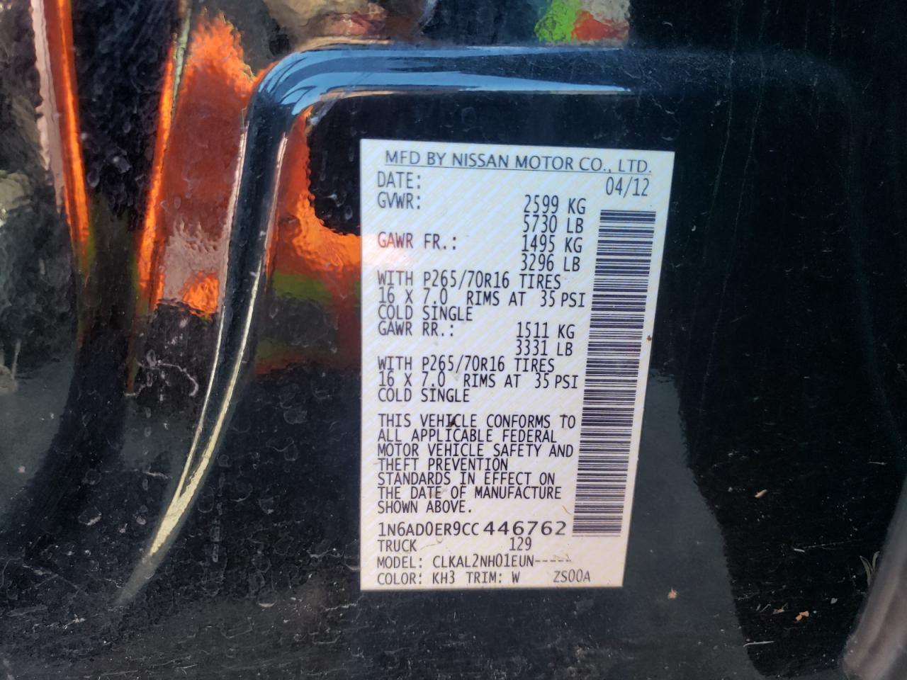 Photo 10 from auction – 2012 NISSAN FRONTIER S with VIN 1N6AD0ER9CC446762