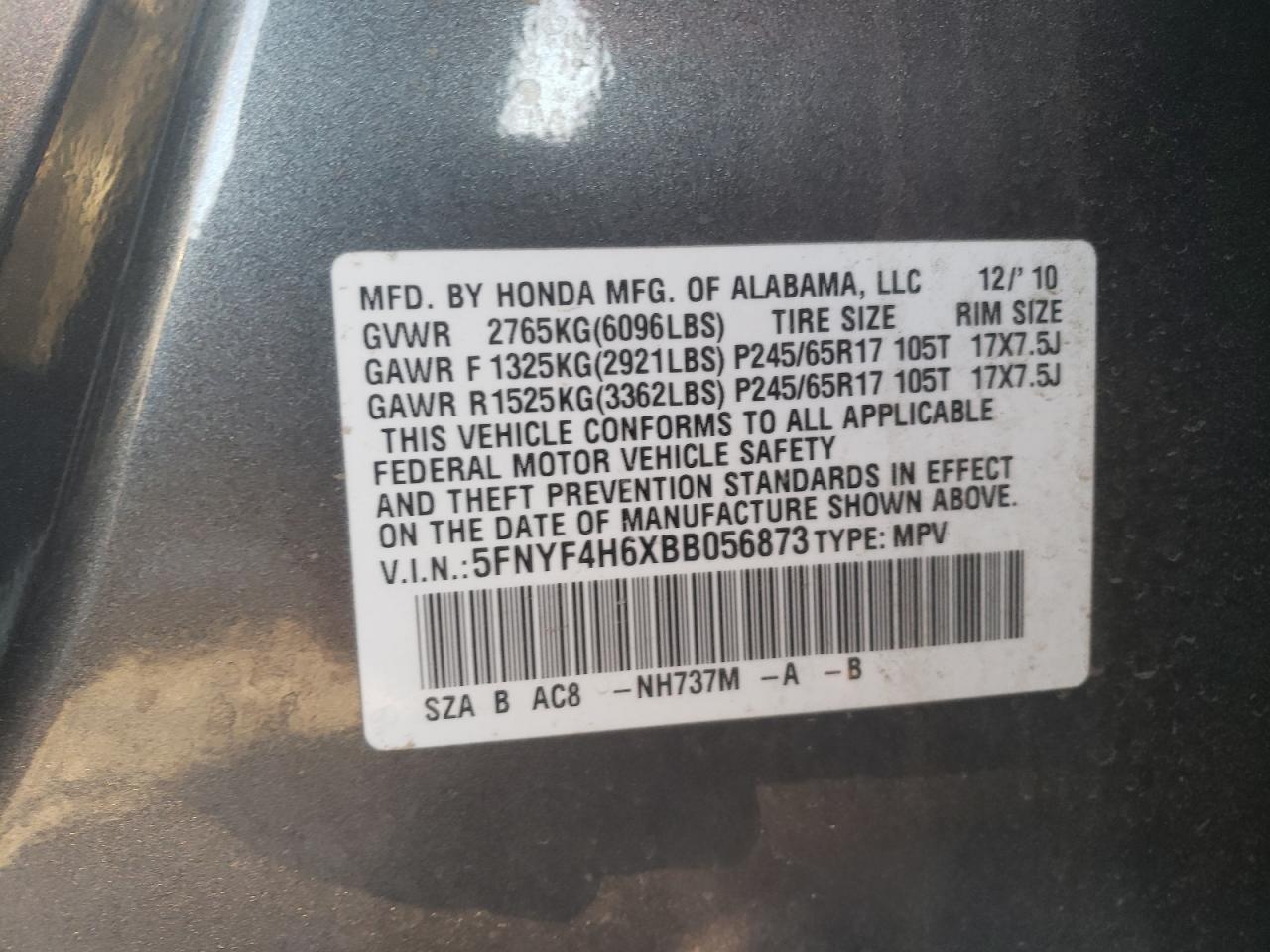 Photo 10 from auction – 2011 HONDA PILOT EXL with VIN 5FNYF4H6XBB056873