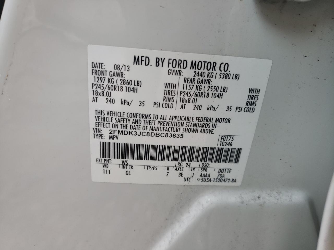 Photo 10 from auction – 2013 FORD EDGE with VIN 2FMDK3JC8DBC83835